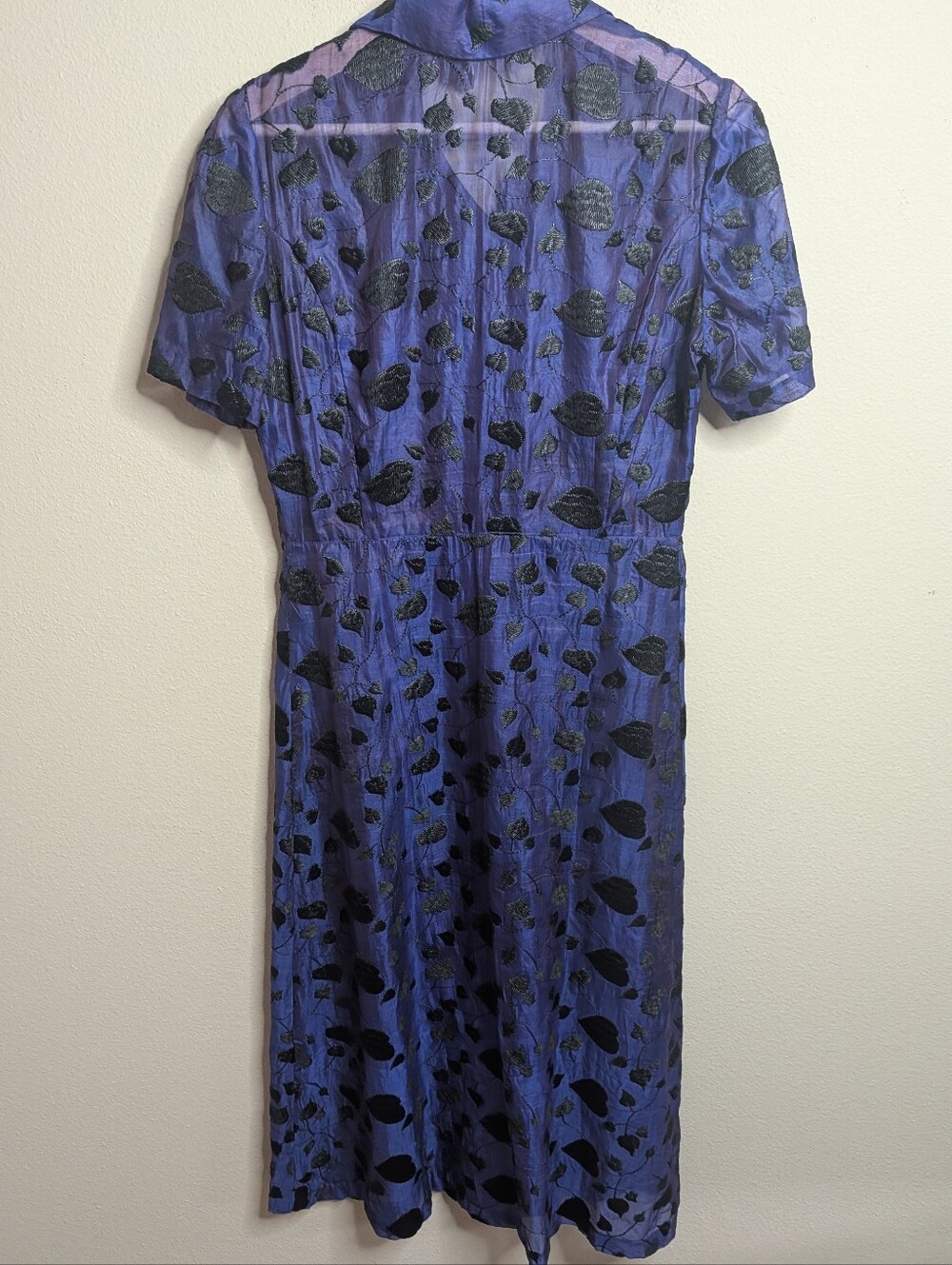 Marianne Kooimans 2 Silk Embroidered Leaf Midi Dress Button Front Blue Black - Picture 6 of 9